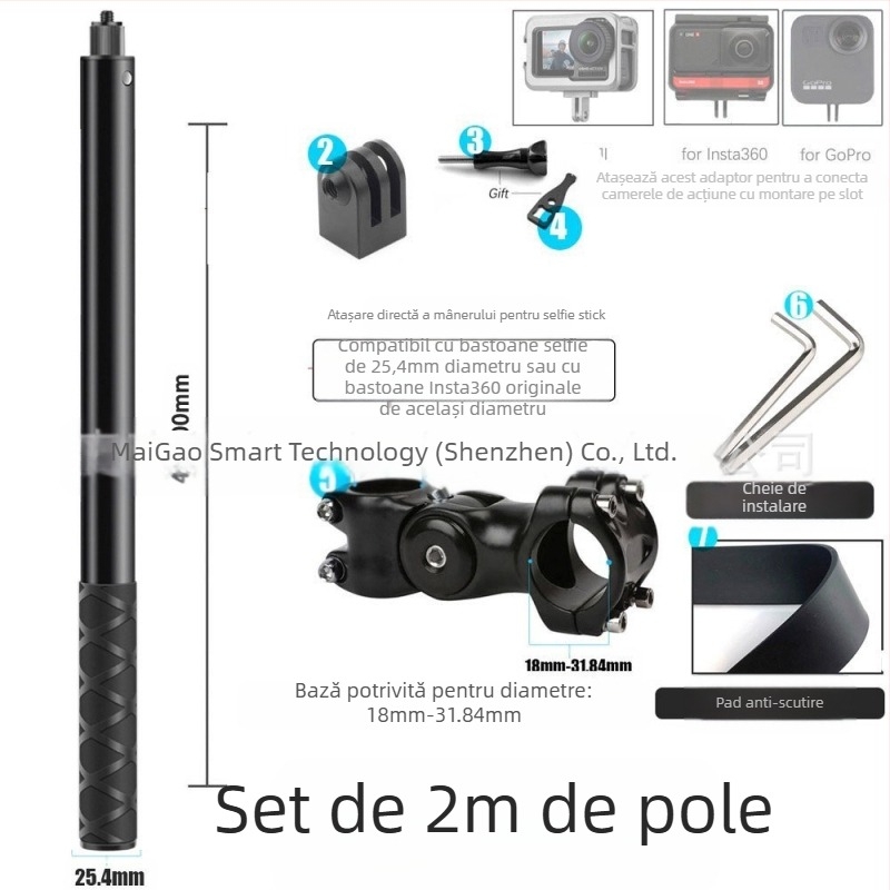 Montură cameră pentru filmare în perspectiva celui de-al treilea personaj pe motocicletă/bicicletă – aliaj de aluminiu; mâner selfie GoPro și Insta360 X3