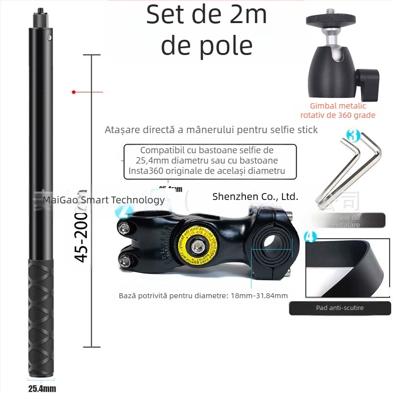 Montură cameră pentru filmare în perspectiva celui de-al treilea personaj pe motocicletă/bicicletă – aliaj de aluminiu; mâner selfie GoPro și Insta360 X3