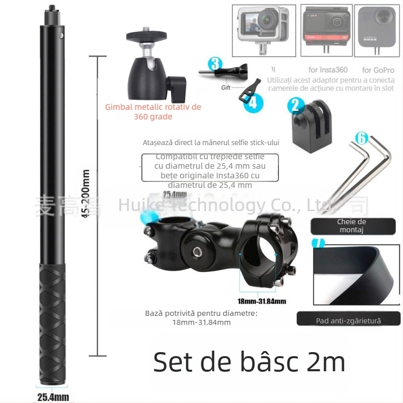 Montură cameră pentru filmare în perspectiva celui de-al treilea personaj pe motocicletă/bicicletă – aliaj de aluminiu; mâner selfie GoPro și Insta360 X3