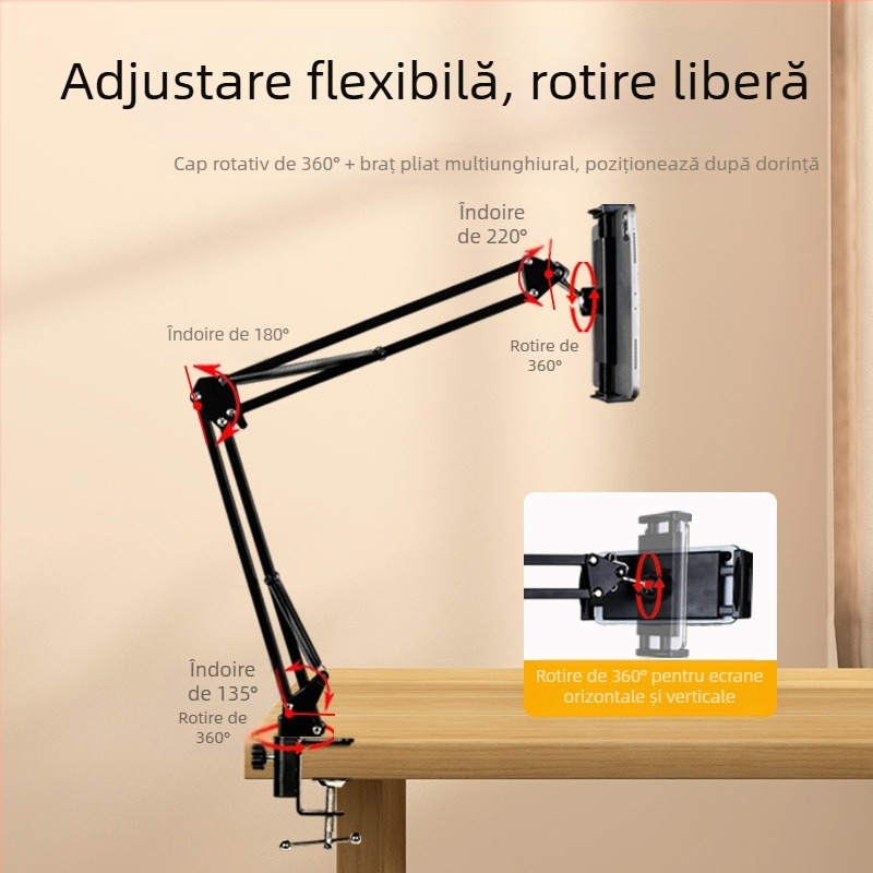 Suport pentru telefon și tabletă pentru birou și lângă pat — braț telescopic pliabil, metal+ABS, personalizare disponibilă