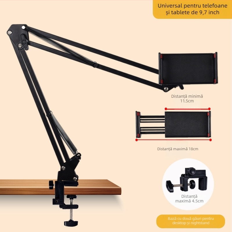 Suport pentru telefon și tabletă pentru birou și lângă pat — braț telescopic pliabil, metal+ABS, personalizare disponibilă