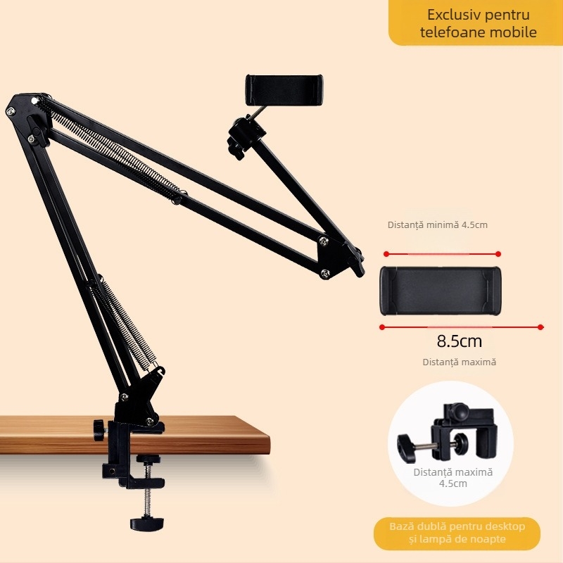 Suport pentru telefon și tabletă pentru birou și lângă pat — braț telescopic pliabil, metal+ABS, personalizare disponibilă
