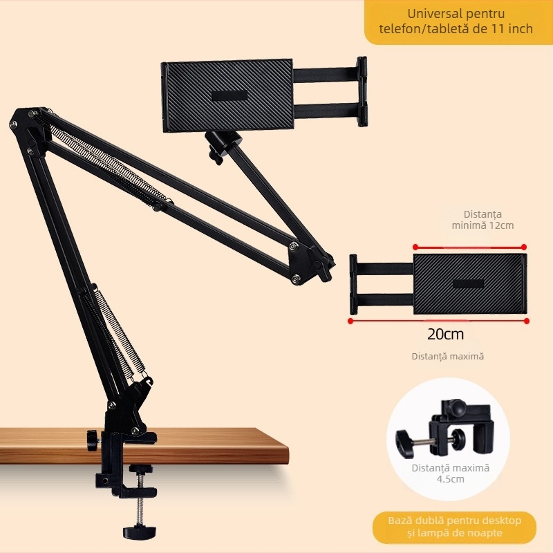 Suport pentru telefon și tabletă pentru birou și lângă pat — braț telescopic pliabil, metal+ABS, personalizare disponibilă