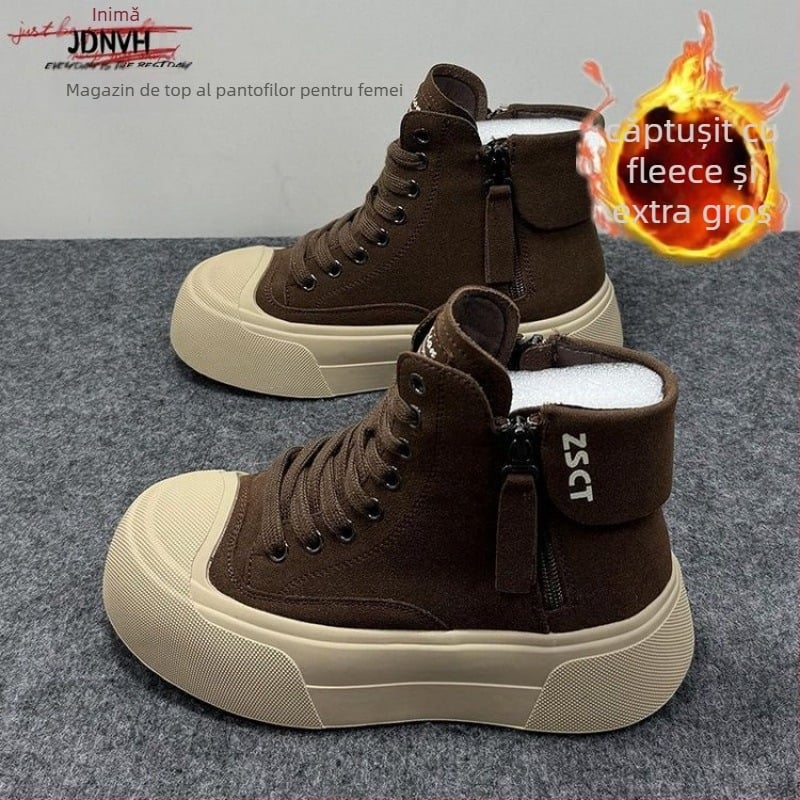 Pantofi sport femei înalți cu căptușeală din blană, model color-block, vârf rotund, talpă groasă din cauciuc, branț PU