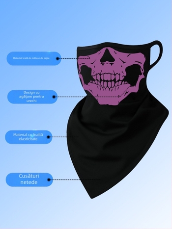 Bandană sport pentru cap, poliester respirabil, uscare rapidă, imprimeu cu craniu, design triunghiular cu prindere pentru urechi