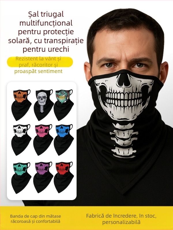 Bandană sport pentru cap, poliester respirabil, uscare rapidă, imprimeu cu craniu, design triunghiular cu prindere pentru urechi