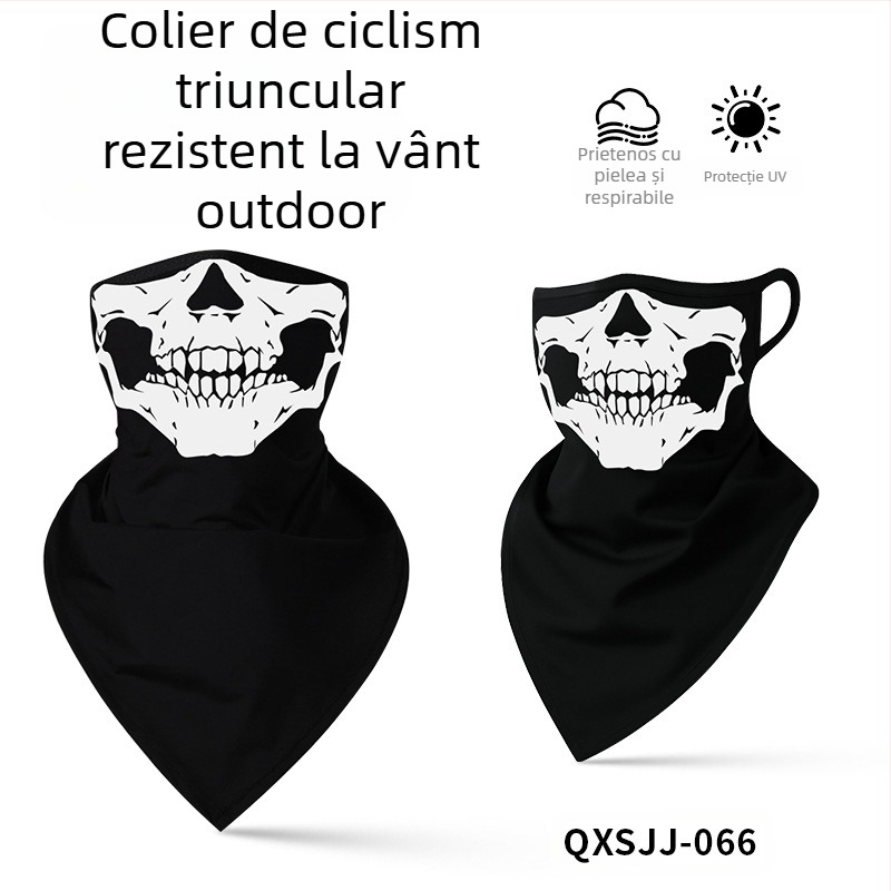 Bandană sport pentru cap, poliester respirabil, uscare rapidă, imprimeu cu craniu, design triunghiular cu prindere pentru urechi