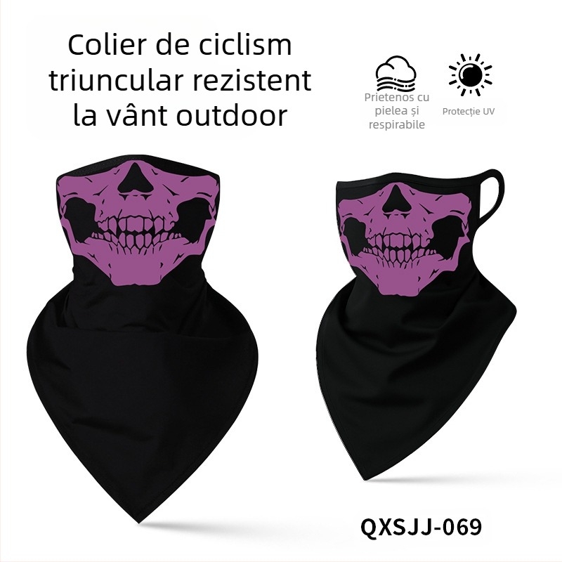 Bandană sport pentru cap, poliester respirabil, uscare rapidă, imprimeu cu craniu, design triunghiular cu prindere pentru urechi