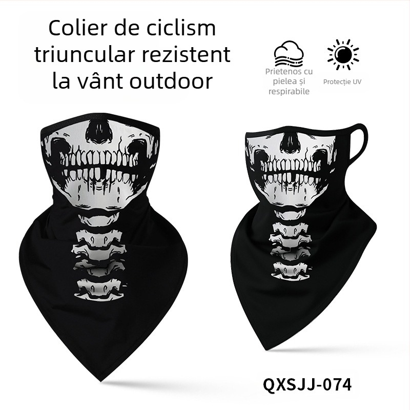 Bandană sport pentru cap, poliester respirabil, uscare rapidă, imprimeu cu craniu, design triunghiular cu prindere pentru urechi