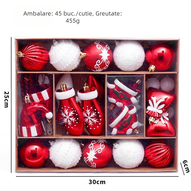 Set de ornamente Crăciun cu omuleți de turtă dulce – 45 mingi pictate și pandante pentru brad, plastic, stil modern minimalist, execuție semi-manuală și semi-mechanică
