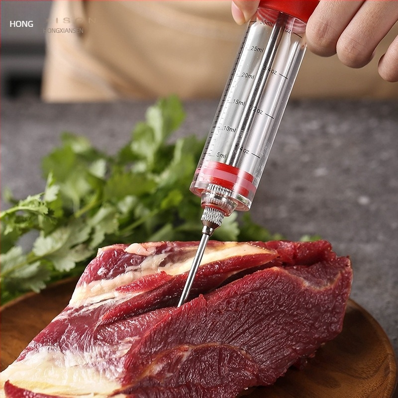 Injector de marinată pentru carne cu 3 ace (oțel inoxidabil; Brand Hong Xiansen; Logo imprimat)