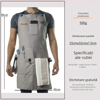 Șorț de lucru din pânză groasă, fără mâneci, cu mai multe buzunare, personalizat, pentru cafenea, restaurant, grătar și frizerie