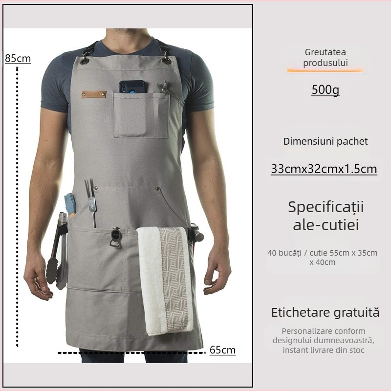 Șorț de lucru din pânză groasă, fără mâneci, cu mai multe buzunare, personalizat, pentru cafenea, restaurant, grătar și frizerie