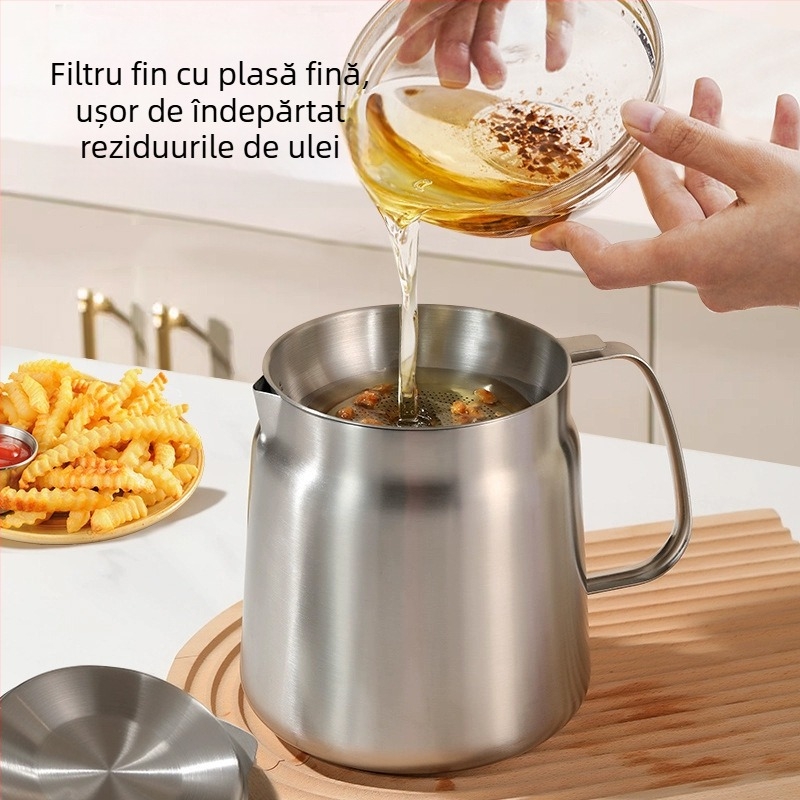 Recipient filtrare ulei din oțel inoxidabil 304, depozitare ulei în bucătărie cu capac și filtru, pentru turnat ulei și perie de ulei