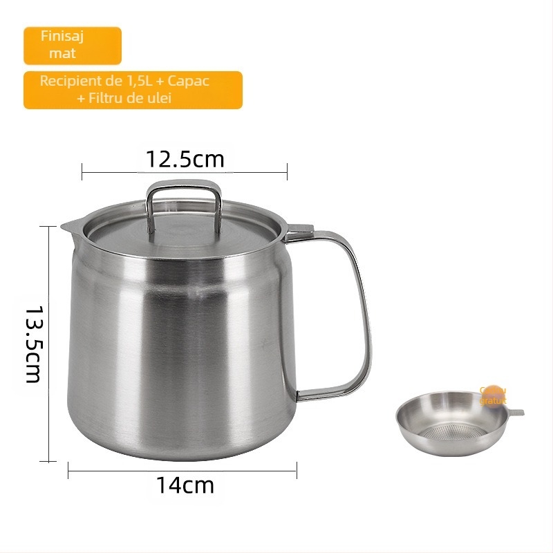 Recipient filtrare ulei din oțel inoxidabil 304, depozitare ulei în bucătărie cu capac și filtru, pentru turnat ulei și perie de ulei