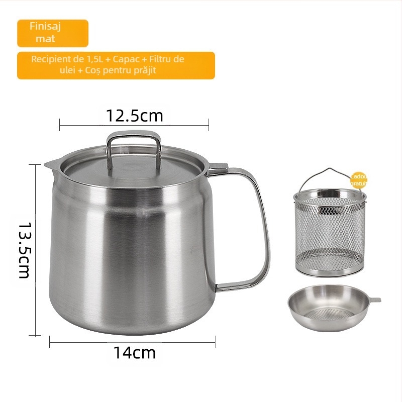 Recipient filtrare ulei din oțel inoxidabil 304, depozitare ulei în bucătărie cu capac și filtru, pentru turnat ulei și perie de ulei