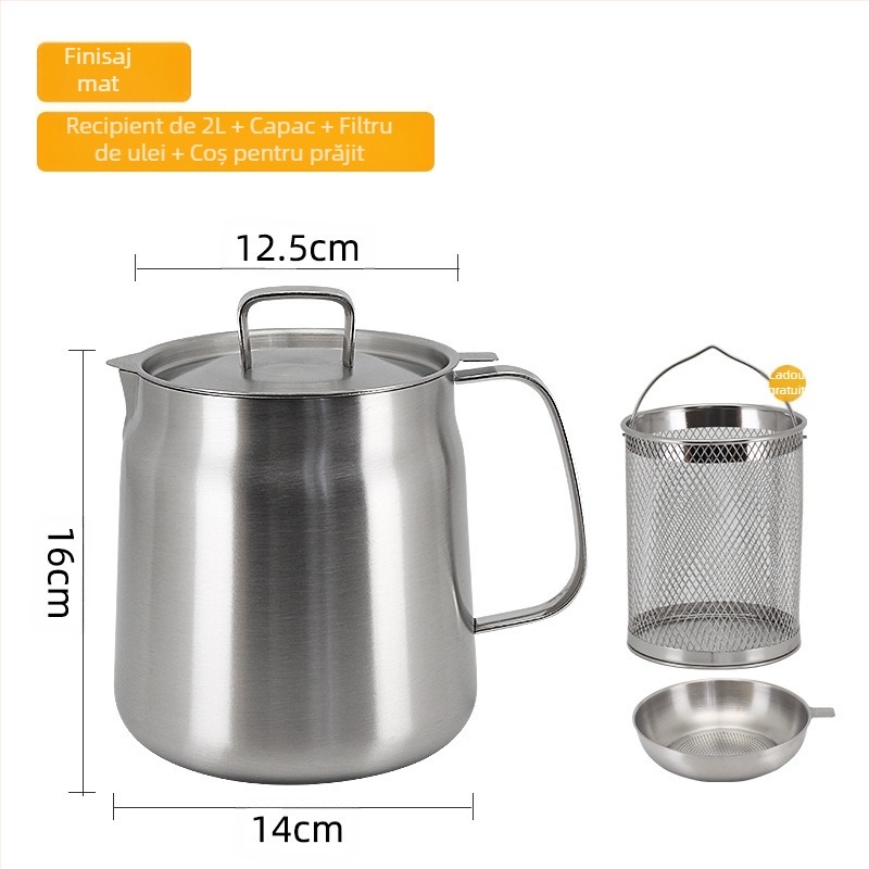 Recipient filtrare ulei din oțel inoxidabil 304, depozitare ulei în bucătărie cu capac și filtru, pentru turnat ulei și perie de ulei
