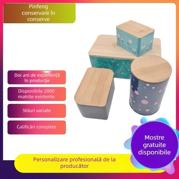 Borcan pătrat din tablă cu capac din bambus – pentru bomboane, cafea și ceai, sigilat, personalizabil