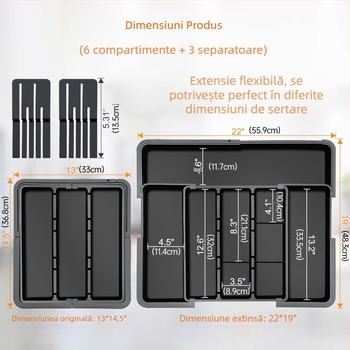 Organizator retractabil pentru tacâmuri, sertar de bucătărie — încorporat, stil simplu și modern, model 8045, PP/ABS