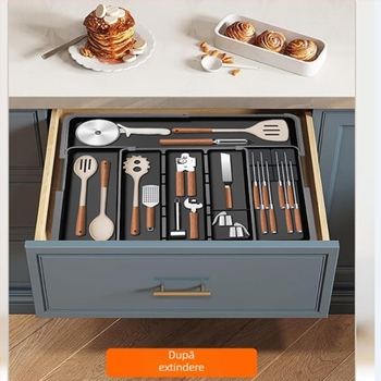 Organizator retractabil pentru tacâmuri, sertar de bucătărie — încorporat, stil simplu și modern, model 8045, PP/ABS