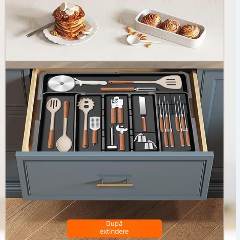 Organizator retractabil pentru tacâmuri, sertar de bucătărie — încorporat, stil simplu și modern, model 8045, PP/ABS