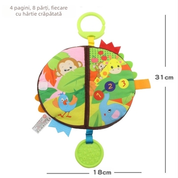 Carte de pluș pentru sugari, 3D, mușcabilă, cu design de atârnare în pat și pagini cu sunet (0–3 ani)