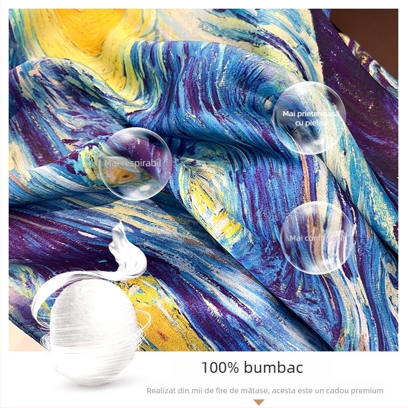 Șal din mătase inspirat de Van Gogh (100% mătase • formă pătrată • Brand City Show • Stil: literar și retro)