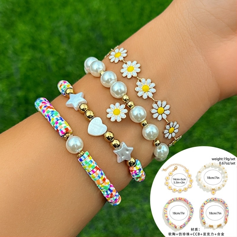 Set brățări – perle artificiale, realizare manuală, stil feminin pastoral, design floral-geometric, boem