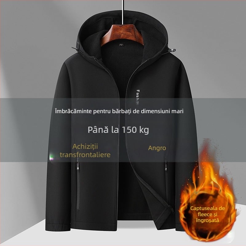 Jachetă cu glugă, căptușeală fleece, caldă și groasă, fermoar, guler înalt, exterior din poliester