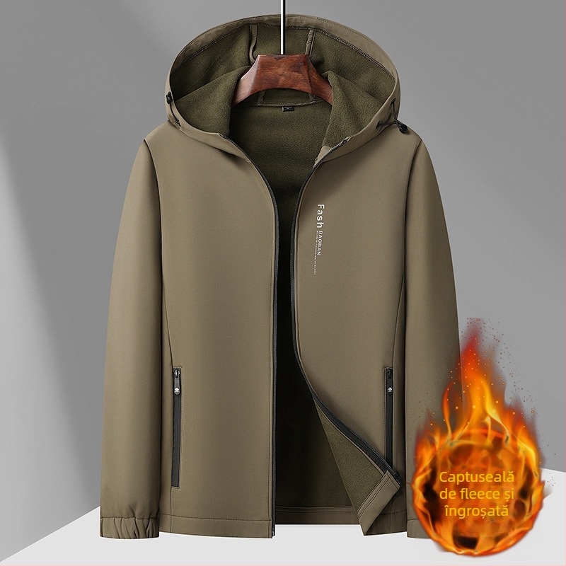 Jachetă cu glugă, căptușeală fleece, caldă și groasă, fermoar, guler înalt, exterior din poliester
