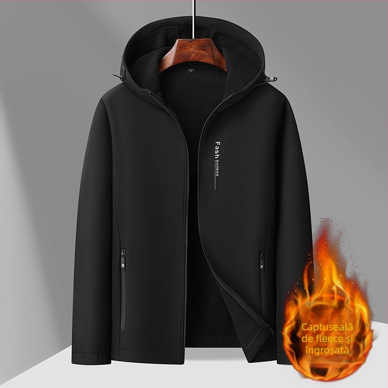Jachetă cu glugă, căptușeală fleece, caldă și groasă, fermoar, guler înalt, exterior din poliester