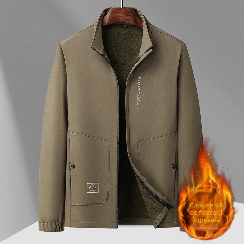 Jachetă cu glugă, căptușeală fleece, caldă și groasă, fermoar, guler înalt, exterior din poliester