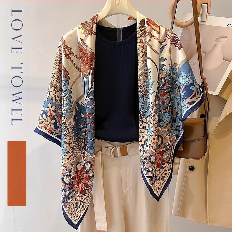 Șal pătrat din mătase Mulberry, țesătură satin, sezon toamnă, origine Shaoxing, ambalaj cu model personalizabil și etichetă lavabilă