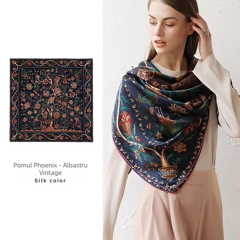 Șal pătrat din mătase Mulberry, țesătură satin, sezon toamnă, origine Shaoxing, ambalaj cu model personalizabil și etichetă lavabilă