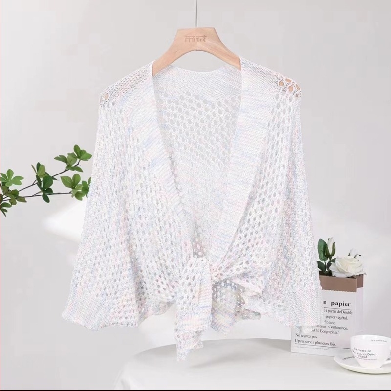 Șal cardigan tricotat din imitație de mătase gheață, pentru vară și toamnă, țesătură warp, model cu grilă, finisaj decorativ tie-dye