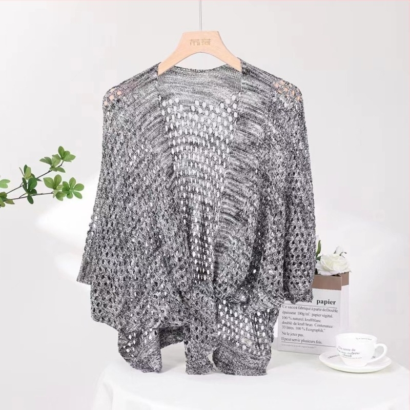 Șal cardigan tricotat din imitație de mătase gheață, pentru vară și toamnă, țesătură warp, model cu grilă, finisaj decorativ tie-dye