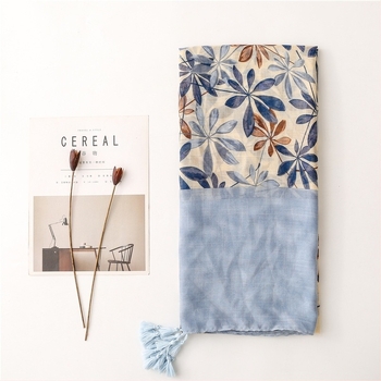 Șal floral din amestec de bumbac-lin-mătase, țesătură plată, croială lungă, potrivit pentru toate sezoanele