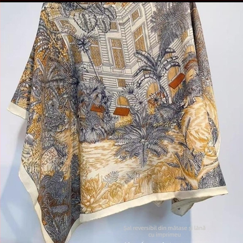 Șal din lână cu țesătură simplă, imprimat, pătrat mare, stil personal, iarna 2024