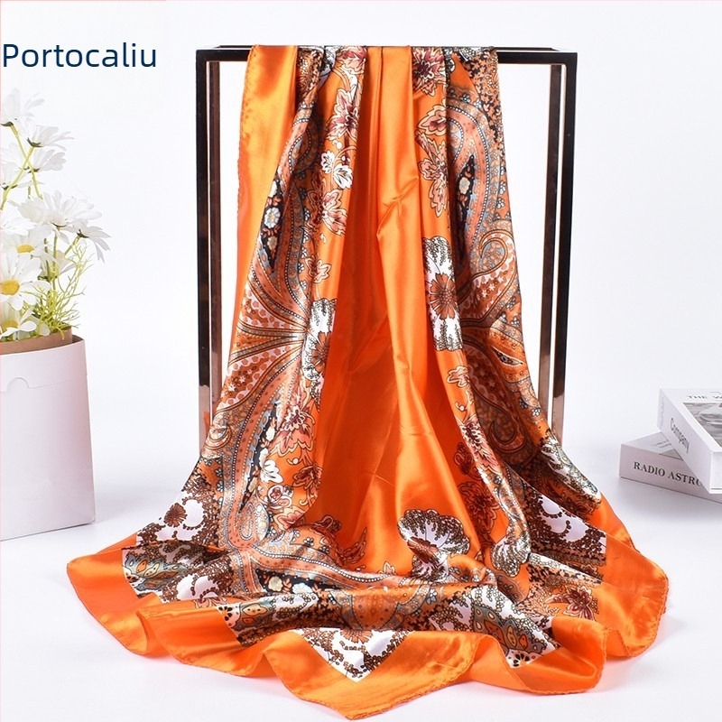 Șal pătrat, material satin, imprimeu, țesătură simplă, stil urban modern (vara 2021)