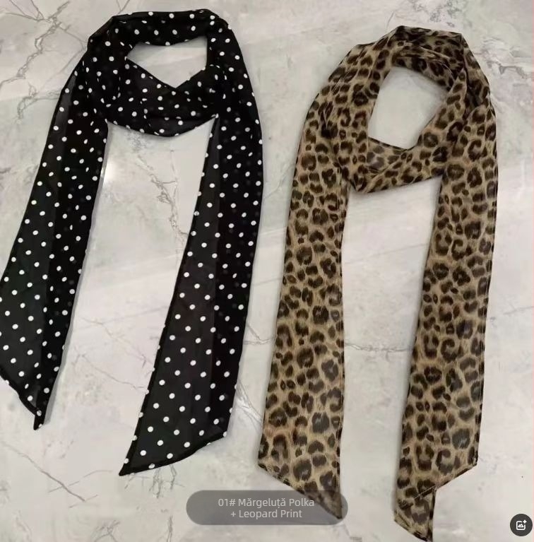 Esarfă de șifon cu imprimeu buline, țesătură poliester twill, imprimare, accesoriu versatil pentru gât sau păr, Primăvara 2025