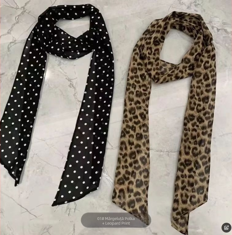 Esarfă de șifon cu imprimeu buline, țesătură poliester twill, imprimare, accesoriu versatil pentru gât sau păr, Primăvara 2025