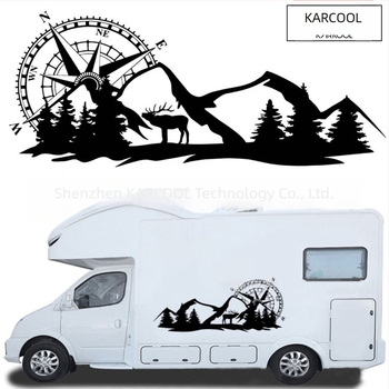 Autocolant adeziv pentru caroserie, cu motiv de munți și design busolă, PVC material, pentru uși și panouri laterale, pentru RV și vehicule off-road
