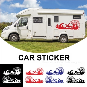 Autocolant adeziv pentru caroserie, cu motiv de munți și design busolă, PVC material, pentru uși și panouri laterale, pentru RV și vehicule off-road