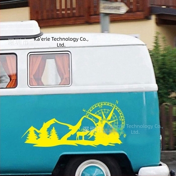 Autocolant adeziv pentru caroserie, cu motiv de munți și design busolă, PVC material, pentru uși și panouri laterale, pentru RV și vehicule off-road
