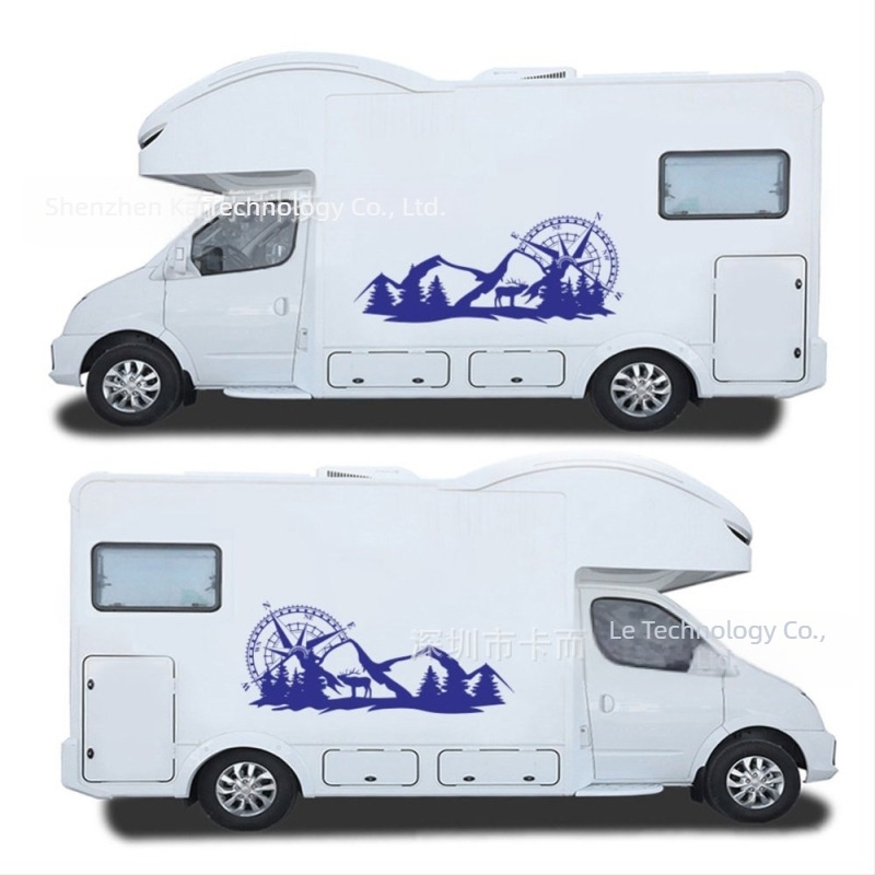 Autocolant adeziv pentru caroserie, cu motiv de munți și design busolă, PVC material, pentru uși și panouri laterale, pentru RV și vehicule off-road