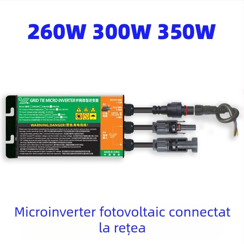 Invertor fotovoltaic cu conectare la rețea, intrare 22-50V, ieșire 110/220V, până la 320W, eficiență 92,5%, dimensiuni 35x76x233 mm