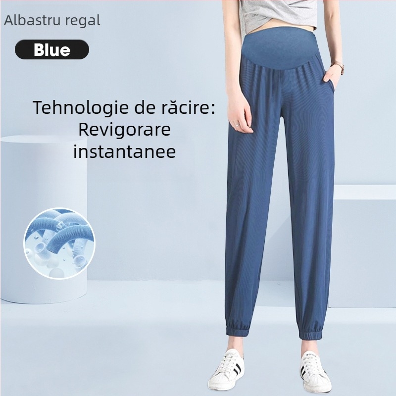 Pantaloni de maternitate din ice silk, croială lejeră, susținere a abdomenului, lungime 9/10, mărime plus, efect slim, aspect de picioare goale