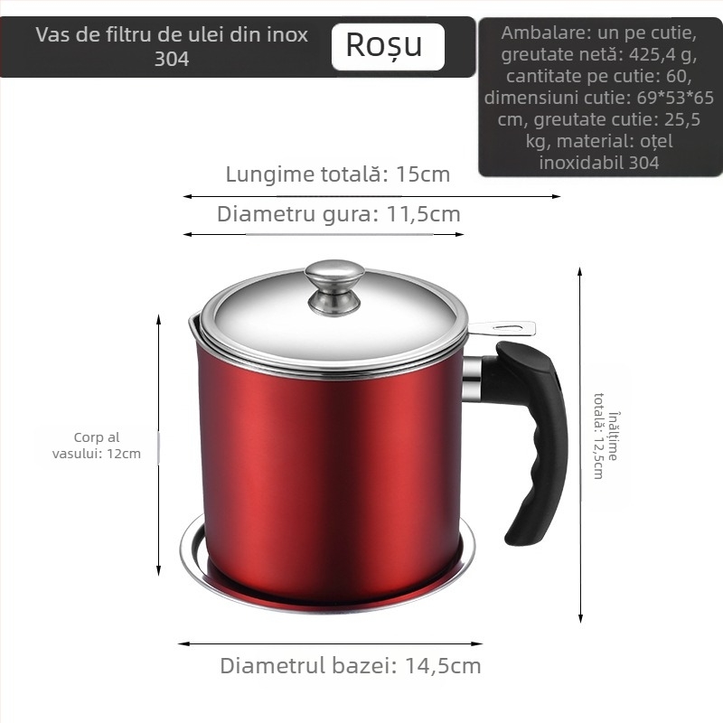 Recipient din oțel inoxidabil pentru ulei, capacitate mare, cu plasă de filtrare și cupă filtrantă