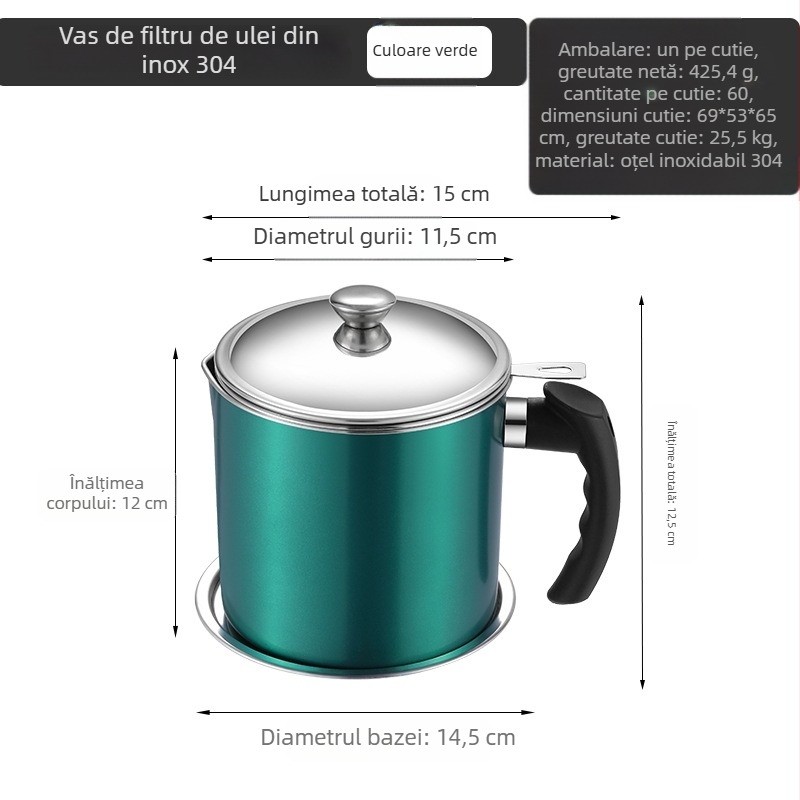 Recipient din oțel inoxidabil pentru ulei, capacitate mare, cu plasă de filtrare și cupă filtrantă