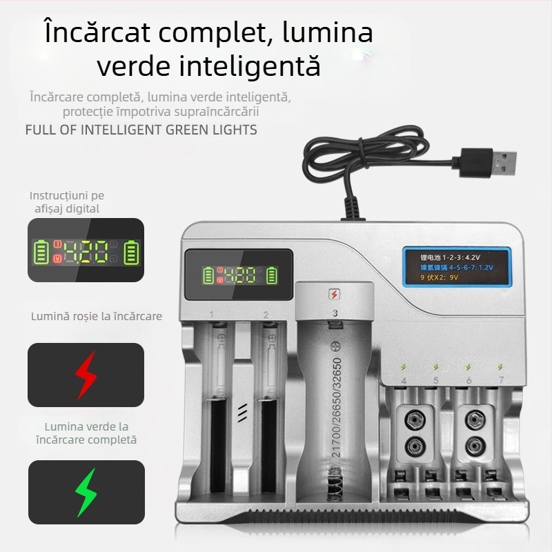 Încărcător USB pentru baterii Li-ion și NiMH, ieșire dublă 4.2V/1A și 1.2V/1A, intrare 5V, CE/ROHS